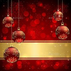 christmas background with red and gold baubles hanging from the strings, snowflakes and sparkles