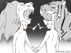 two people are holding hands in front of a drawing of an angry lion and another man