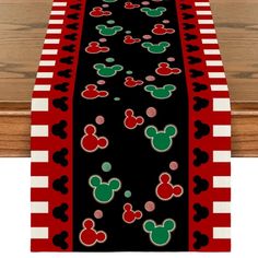 mickey mouse table runner with red and black stripes