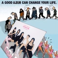 an album cover with images of women in black dresses and men in grey suits behind it