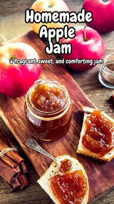 homemade apple jam on a cutting board with apples in the background and cinnamon sticks to the side