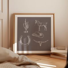 a black and white drawing of various items on a wall next to a bed in a room