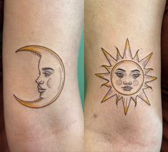 two sun and moon tattoos on legs with the same tattoo design as each other,