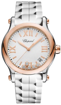 Chopard Happy Sport Round Quartz 36mm 278582-6001 Chopard Watch, Dancing Diamond, White Dial Watch, Diamond Jewelry Designs, Diamond Watch, White Dial, Sport Watches, Stainless Steel Watch, Watch Brands