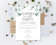 an image of a party card with flowers and greenery on the table next to it