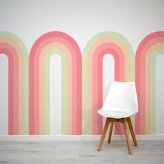 Archie Zest Pink and Green Repeat Arches Wallpaper Mural with White Chair Wall Murals Colorful, Pink And Green Wall Paint, Bright Room Inspiration, 3 Colour Wall Design, Fun Wall Colors Paint, Pink And Green Mural, Bedroom Wall Mural Ideas, Retro Wall Mural, Arches Wallpaper