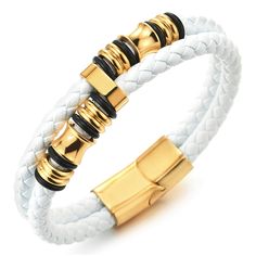 PRICES MAY VARY. Mens Double-Row White Braided Leather Bracelet Bangle Wristband with Gold Stainless Steel Ornaments Metal: Stainless Steel; Material: White Leather Finishing: Polished Dimension: length: 21.5CM(8.46") ; Weight: 30.6g Package: Jewelry Box with Brand Name COOLSTEELANDBEYOND *Condition: 100% brand new
*Code: MB-3156-1164
*Metal: Stainless Steel
*Material: White Leather
*Finishing: Polished
*Dimension: length: 21.5CM(8.46") 
*Weight: 30.6g
*Package: Jewelry Box with Brand Name COOLS Watches Bracelets, Braided Leather Bracelet, Bracelet Bangle, Black Stainless Steel, Braided Leather, Stainless Steel Material, Steel Material, White Leather, Bracelet Watch