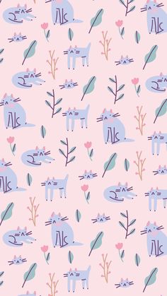 a pattern with cats and flowers on a light pink background that has blue, purple, and green leaves