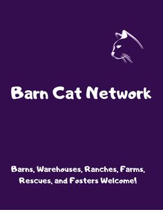 the barn cat network logo on a purple background with white text that reads barn cat network barns, warehouses, ranches, farms, rescues, and fosterers welcome