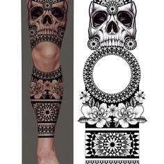 an arm tattoo with a skull and flower designs on the side, next to a photo of