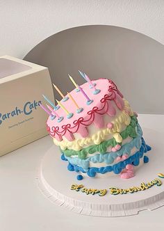 a birthday cake sitting on top of a white plate next to a box with candles