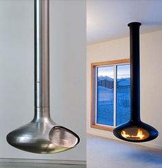 two different views of a kitchen with a fire place in the middle and an open fireplace on the other side