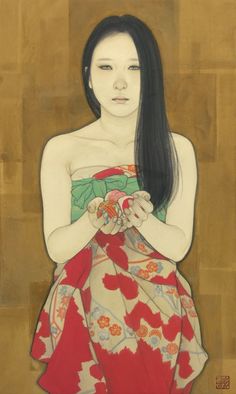 a painting of a woman in a red and white dress with her hands on her chest