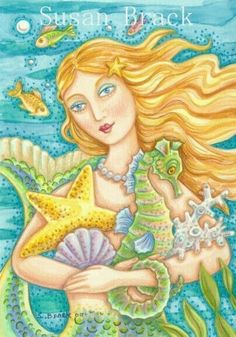 a painting of a mermaid holding a starfish and seahorse in her arms, with the caption's name written on it