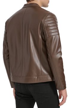 Ride off into the sunset in this sleek moto jacket expertly crafted from faux leather. 26 1/2" length Front zip closure Band collar Front zip pockets Lined 100% rayon with 100% polyurethane coating Spot clean Imported Winter Leather Biker Jacket With Faux Pockets, Solid Color Long Sleeve Faux Leather Jacket, Solid Leather Jacket With Zipper And Long Sleeves, Fitted Faux Leather Moto Outerwear, Fitted Moto Outerwear In Faux Leather, Moto Outerwear With Zipper Closure In Faux Leather, Moto Faux Leather Outerwear With Zipper Closure, Moto Outerwear With Zipper In Faux Leather, Solid Biker Outerwear With Zipper Closure