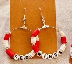 Earrings Hoops Detroit Red Wings personalized your way, silver or gold hoops are available. made with polymer clay beads soft and lightweight hypoallergenic hooks. choose your style and size. bracelets are available to match. Red Pierced Hoop Jewelry, Red Hoop Earrings For Valentine's Day, Trendy Red Hoop Earrings, Red Pierced Hoop Earrings, Nickel-free Red Hoop Earrings, Earrings Hoops, Choose Your Style, Detroit Red Wings, Red Wings