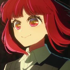 an anime character with red hair and pink eyes