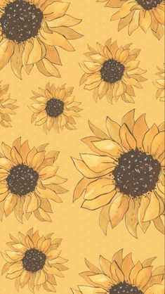 sunflowers are painted on yellow and brown paper with black dots in the center