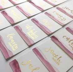 pink and gold watercolor business cards with calligraphy