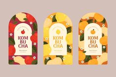 three tags with different fruits and vegetables on them, one for kom bu cha