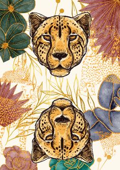 a drawing of two cheetah heads surrounded by flowers