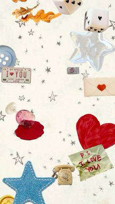 an image of many different items on the wall with stars and hearts around them,