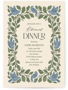 a dinner party with blue birds and green leaves on the border, in an ornate frame