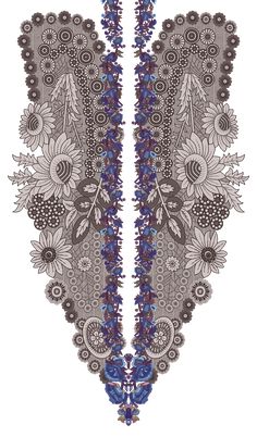 an intricately designed piece of art with blue and purple flowers on the bottom half