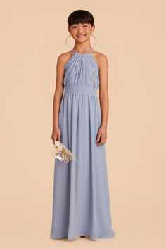 This high-neck halter dress is a dress she can wear again, to the middle school dance or as a wedding guest. Available in Dusty Blue. This halter-neck dress is great for a junior bridesmaid on her way to a formal wedding. Pair this stylish junior look with our Kiko or Monica bridesmaid dresses. | Dusty Blue Bridesmaid Dress Chiffon Size Large | Birdy Grey Sienna Junior Ice Blue Bridesmaid Dress, High Neck Halter Dress, Middle School Dance, Mauve Bridesmaid Dress, Bridesmaid Dress Chiffon, Junior Dress, Lavender Bridesmaid Dresses, Girls Bridesmaid Dresses, Rose Bridesmaid Dresses