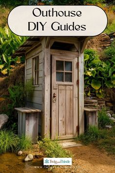 an outhouse with the words outdoor diy guides above it and a small wooden shed