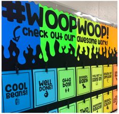 a wall with several different colored signs on it and the words woopwop check out our awesome money