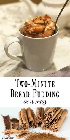 two minute bread pudding in a mug with cinnamon sticks