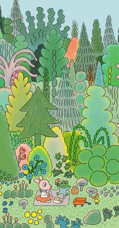 an illustration of trees and plants in the woods