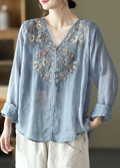 Stylish Lake Blue Embroideried Linen Blouse Tops Long SleeveFabric: LinenSize & Fit: Fit: This garment fits true to size.Length: Size L measures 24.18"from shoulder to hemBust: Great for any cup size. Waist: Loose Fit. Comfortable room throughout midsection.Hip: Loose Fit - room for hips. Hand Wash Cold. Blue Embroidered Relaxed Fit Blouse, Light Blue Floral Embroidered V-neck Top, Light Blue Embroidered V-neck Top, Light Blue Embroidered Summer Blouse, Bohemian Light Blue Blouse With Floral Embroidery, Light Blue Long Sleeve Bohemian Blouse, Blue Casual Embroidered Top For Fall, Casual Blue Embroidered Top For Fall, Embroidered Long Sleeve Light Blue Blouse