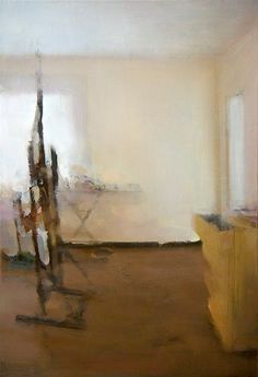 an abstract painting of a chair and table in a room with no one on it