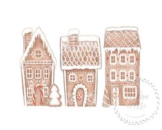 three gingerbread houses are shown in this hand - drawn illustration, one is red and the other is white