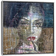 an abstract painting of a woman's face with red lips and black hair, painted on wood panel