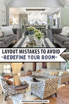 a living room filled with furniture and a kitchen in the background text overlay reads, layout makes to avoid redefine your room