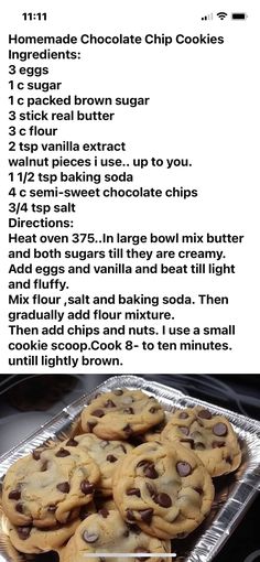 chocolate chip cookies recipe with instructions on baking sheet