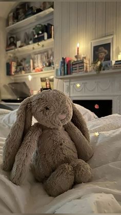 a stuffed animal sitting on top of a bed