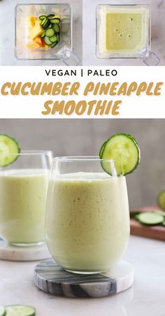 cucumber pineapple smoothie in two glasses with slices of cucumber on the side