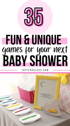 a baby shower table with toothbrushes on it and the words fun & unique games for your next baby shower