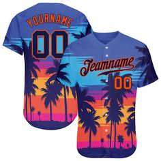 a baseball jersey with the name and number on it, featuring palm trees at sunset