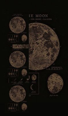 the phases of the moon are shown in brown and black ink on a black background