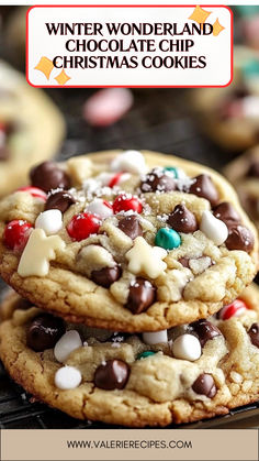 chocolate chip cookies with m & m candy on top, and the words winter wonderland chocolate chip christmas cookies