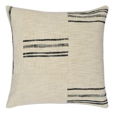 a white pillow with black stripes on the front and back, sitting against a white background