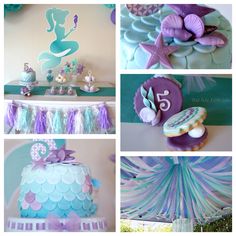 a collage of pictures with mermaid themed cakes and desserts on it's sides