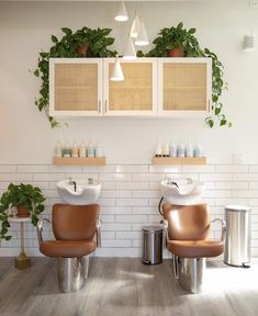 two brown chairs sitting next to each other in front of a wall with plants on it