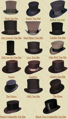 steampunktendencies: “ Top Hat Name Chart ” Moda Steampunk, Mode Steampunk, Steampunk Hat, Types Of Hats, Fashion Vocabulary, Top Hats, Steampunk Costume, Head Band, Antique Stores