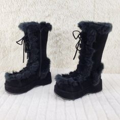 Club Stomper Black Mammoth Platform Goth Punk Knee Boots NY Restock | Totally Wicked Footwear Foot Bed, Goth Punk, Pajama Set Women, Mid Calf Boots, Trim Detail, Fur Trim, New Shoes, Mid Calf, Winter Boot